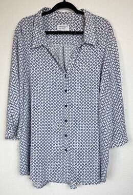 Prescott New York White & Blue 3/4 Sleeve Button Up Blouse Women's 5X